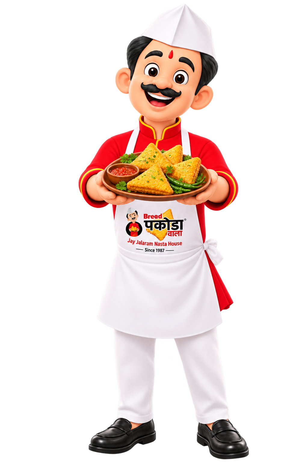 Bread Pakodawala mascot presenting freshly prepared Bread Pakoda