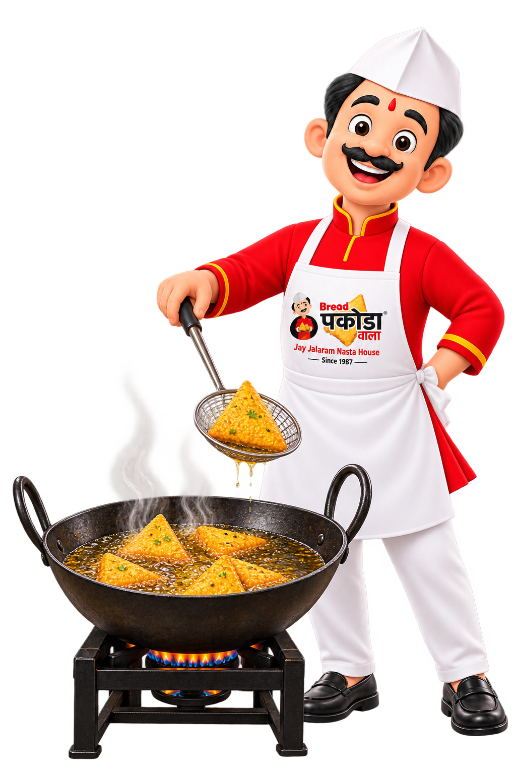 Bread Pakodawala mascot preparing fresh Bread Pakoda in a hot kadhai