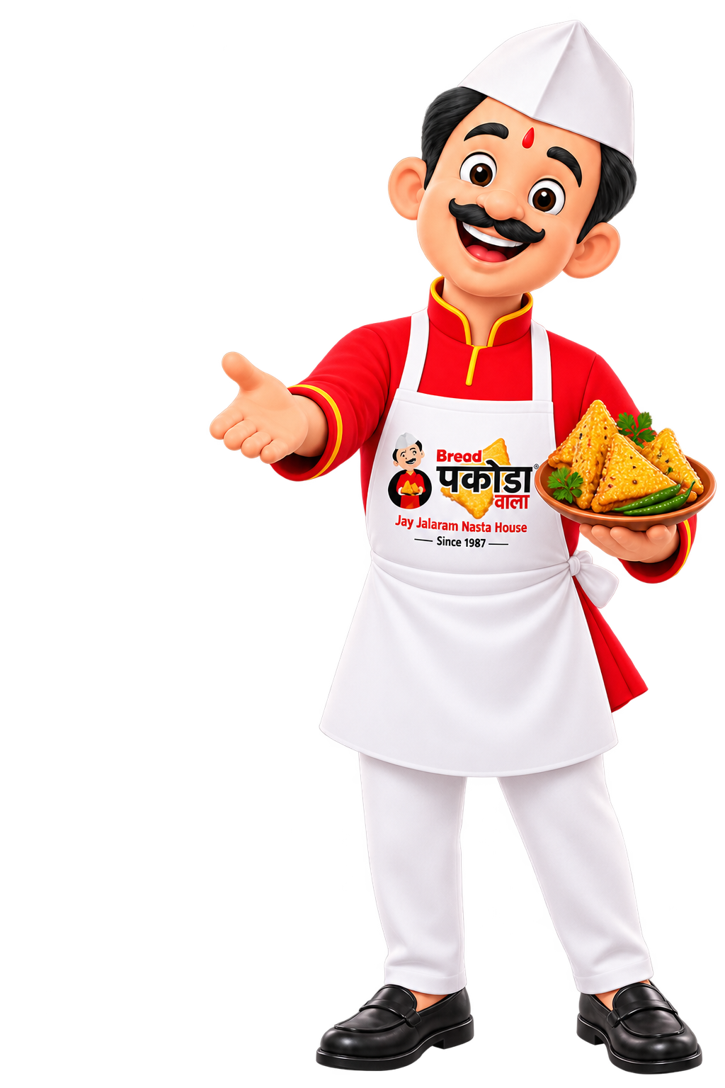 Bread Pakodawala mascot welcoming customers with fresh Bread Pakoda