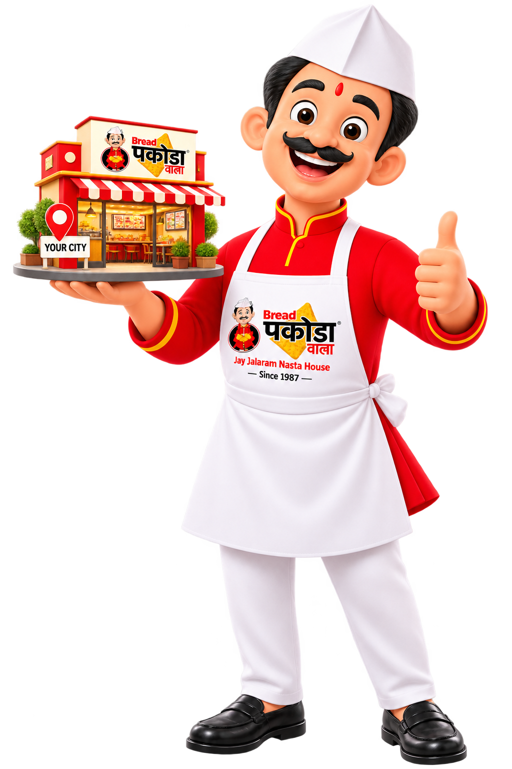 Bread Pakodawala franchise mascot presenting store concept with confident thumbs-up